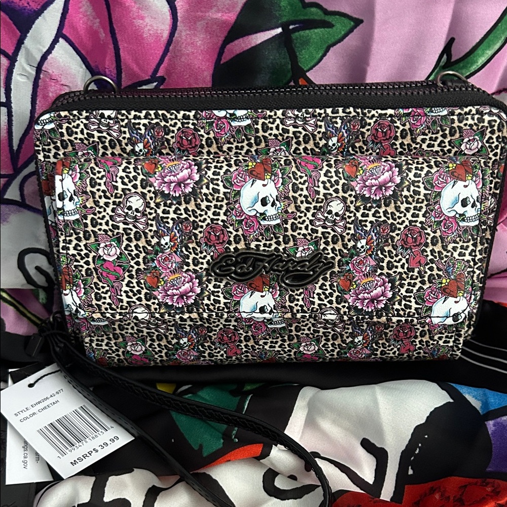 Ed Hardy Leopard Skull Print Wristlet - Pink and Black